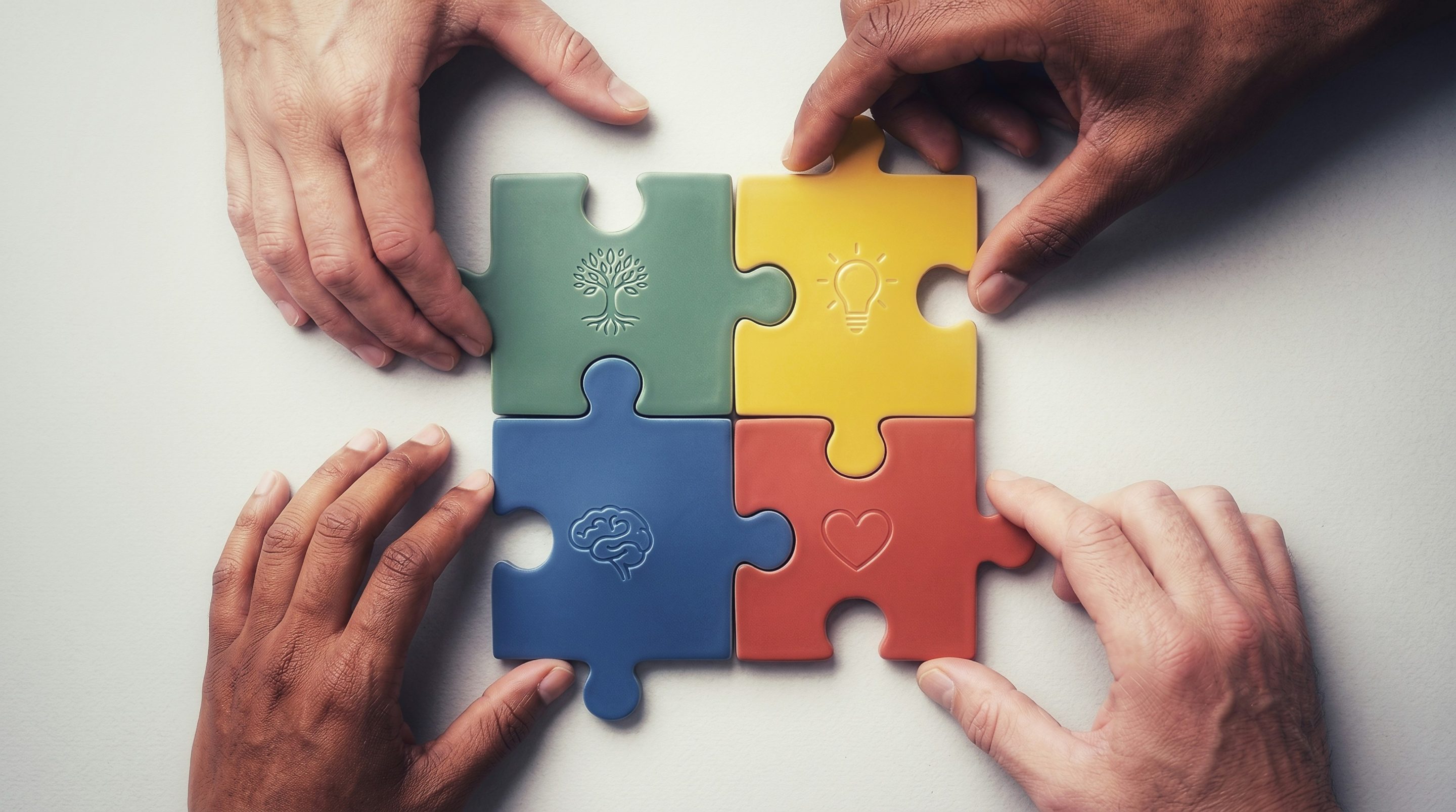 Hands Joining Four Colourful Puzzle Pieces With Symbols For Ideas, Thinking And Empathy